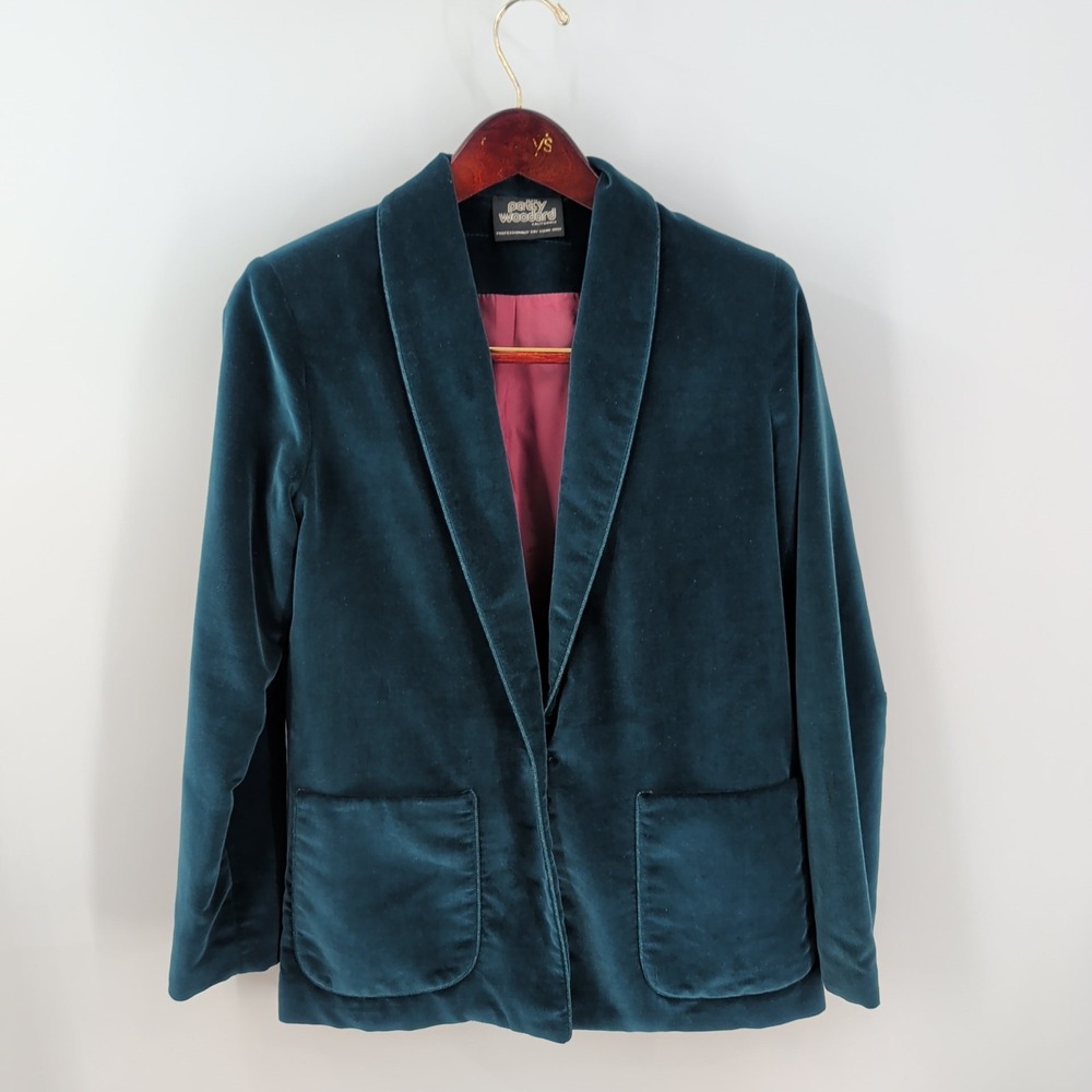 Patsy‎ Woodard Shawl Lapel Velvet Classic Cut Button Front Suit Blazer Teal Blue